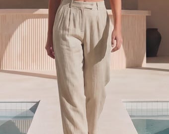 Pantalones de lino para mujer, de talle alto y corte relajado con bolsillos laterales, pantalones personalizados, pantalones minimalistas de verano y otoño.