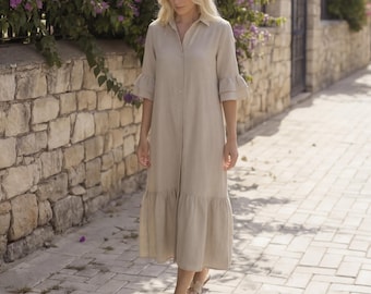 Linen Midi Dress with Shirt Collar, Button Front and Tiered Hem, Half Sleeves Linen Dress, Boho Button Down Dress, Comfortable Dress For Her