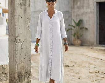 Linneklänning med volang framtill och långa ärmar, fotlång, böljande v-ringad maxiklänning, bohemisk sommarklänning, långärmad loungewear