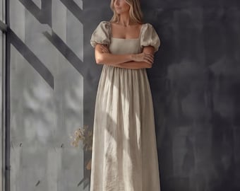 Linneklänning med puffärm, kort klänning i empiremidja, brudklänning i cottagecore-modell