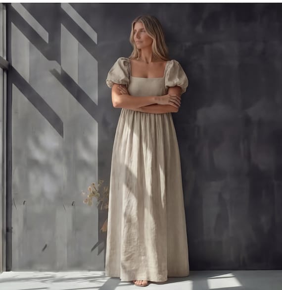 Linen Puff Sleeve Maxi Dress, Short Empire Waist Dress, Cottagecore Wedding Gown