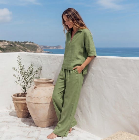 Two Piece Linen Co-ord Set, Relaxed Shirt Top with Open Collar, Full-length Relaxed Fit Pants, Boho Vacation Lounge Set