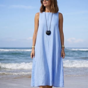 sleeveless shift dress pale blue linen The Shift Dress in Stretch Linen main image 1