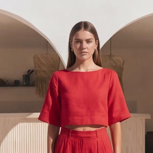 Linen Boat Neck Crop Top, Relaxed Fit, Linen 3/4 Sleeve Blouse