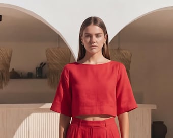 Linen Boat Neck Crop Top, Relaxed Fit, Linen 3/4 Sleeve Blouse