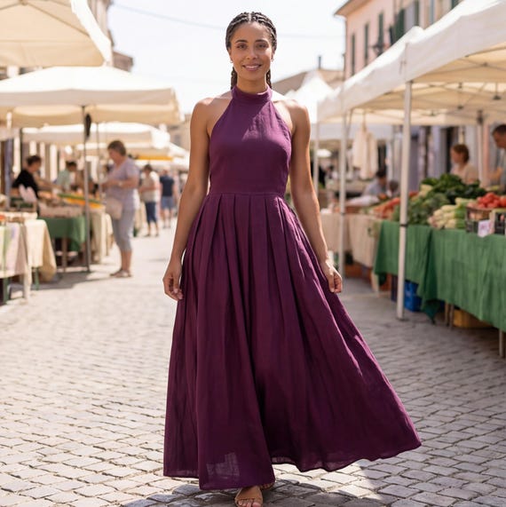 linen maxi halter dress Neck with Pleated Skirt, womens linen dresses pocket, handmade linen Dress Green halter neck