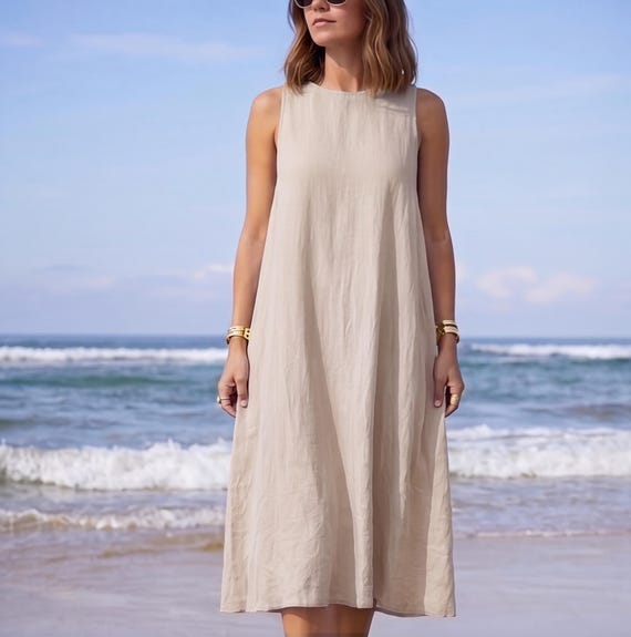 straight flowy dress Sleeveless Linen Midi With Flow, Sleeveless Boat Neck Summer Dress Simmie Sequin Dress