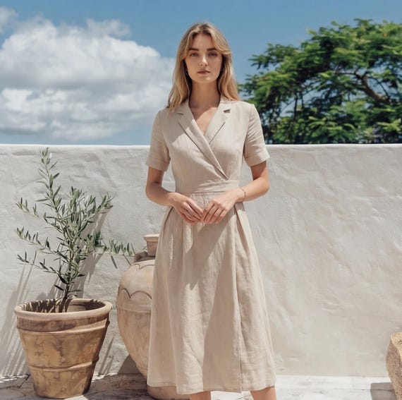 Linen Wrap Midi Dress, Short Sleeve Notched Collar A-line Dress, Elegant Summer Linen Dress