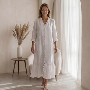 Ruffled Front Linen Maxi Dress with Full Sleeves, Ankle-length Flowy V-Neck Maxi Dress, Bohemian Summer Dress, Long Sleeve Loungewear
