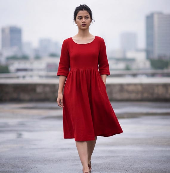 Linen Empire Waist Midi Dress with Half Sleeves, Summer Dress with Pockets