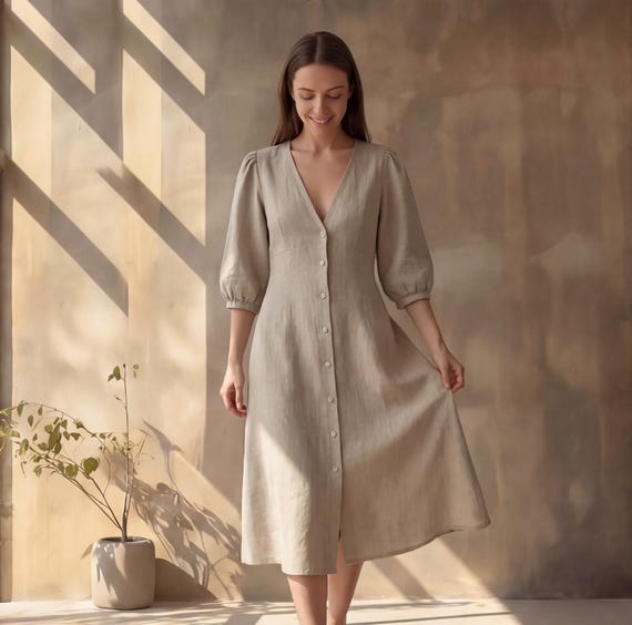 Linen V-Neck Midi Dress | Button Front Puff Sleeve Dress | Elegant Evening Linen Dress Women