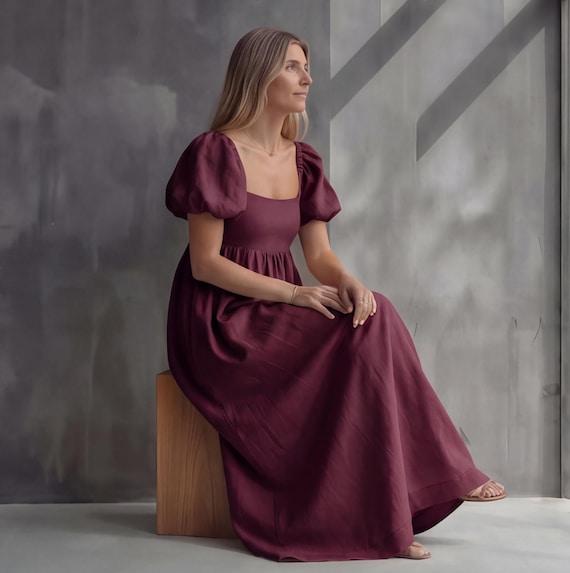 Linen Puff Sleeve Maxi Dress, Short Empire Waist Dress, Cottagecore Wedding Gown