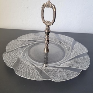Glass Serving Tray with Handle Vintage Glass Plate Ornate EP Zinc Glass Candy Dish 10 inch French Cottage Decor Vintage Gift for Host