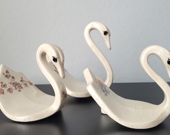 Vintage Ceramic Swan Towel Holder | You Choose | Iridescent Finish Swan Figurines Cottagecore Bathroom Decor Vintage Porcelain White Birds