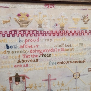 Embroidery Sampler Antique Framed Victorian Art Cross Stitch 1800s or 1700s School Girl Sampler ABCs With Children&#39;s Verse from Dr Watts