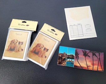 Retro Beach Cards and Bridge Tally Vintage Paper Ephemera Lot | American Greetings in Package | Puppy Kitten Surfing Game Card Tallies