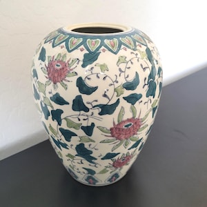 Vintage Chinese Ginger Jar Ceramic Vase Hand Painted Floral Teal Green and White Asian Spice Container with No Lid Art Vase Free Shipping