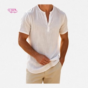 Camisa Henley de algodón y lino para hombre: manga corta, ligera y transpirable, ideal para el verano.
