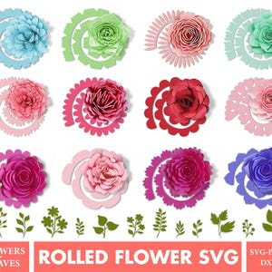 Pode incluir: Uma coleção de flores de papel enroladas coloridas em vários tons de rosa, vermelho, azul, verde e roxo, com recortes em espiral correspondentes. A imagem também inclui folhas de papel verdes e o texto "ROLLED FLOWER SVG".