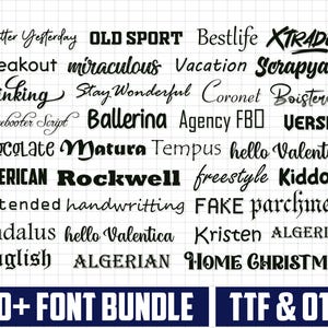 Könnte beinhalten: Eine Sammlung verschiedener Schriftarten, dargestellt auf einem weißen Rasterhintergrund. Die Schriftarten umfassen kursive, fette und serifenbetonte Stile. Der Text "90+ FONT BUNDLE" und "TTF & OTF" ist ebenfalls sichtbar.