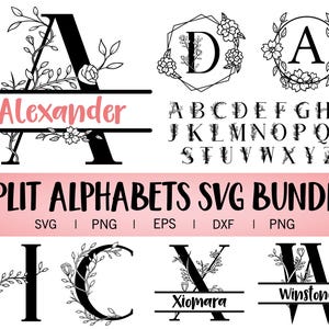 May include: A digital graphic design featuring split alphabet letters with floral accents. The design includes the text "Alexander" and the words "SPLIT ALPHABETS SVG BUNDLE". The letters are in a black and white color scheme.