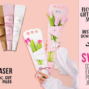 Op de afbeelding: Een verzameling bloemengeschenkdozen in verschillende kleuren, waaronder bruin, roze en wit. De dozen hebben een unieke vorm en zijn voorzien van de gouden tekst "I wish you". De afbeelding bevat ook de tekst "FLOWER GIFT BOX SVG" en "INSTANT DOWNLOAD".