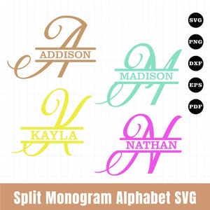 May include: Four split monogram alphabet designs in brown, teal, yellow, and pink. Each letter is split horizontally with a name in the center. The text "Split Monogram Alphabet SVG" is at the bottom.