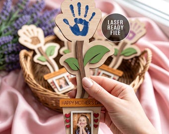 Mother's Day Kids Handprint Flower Pot SVG, Floral Photo Frame Svg Laser Cut File, Mom Keepsake Gift, Glowforge.