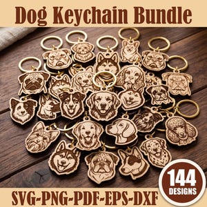 May include: A collection of wooden dog keychains featuring various canine breeds engraved with detailed facial portraits. Each keychain includes a gold-toned metal ring. The image displays the text Dog Keychain Bundle and 144 Designs SVG-PNG-PDF-EPS-DXF.