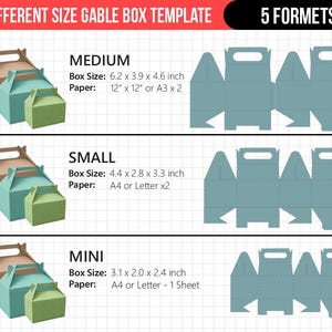 May include: A template for gable boxes in three sizes: medium, small, and mini. The medium box is 6.2 x 3.9 x 4.6 inches, the small box is 4.4 x 2.8 x 3.3 inches, and the mini box is 3.1 x 2.0 x 2.4 inches. Each size has a corresponding box template design.