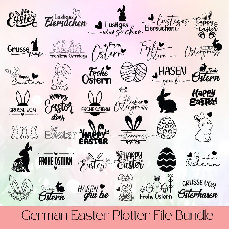 May include: A collection of black and white Easter-themed designs, including bunnies, eggs, and holiday greetings. The words "Easter," "Happy Easter," and "Frohe Ostern" are featured in various fonts. The text "German Easter Plotter File Bundle" is at the bottom.