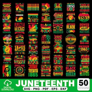 Op de afbeelding: Een verzameling van 50 Juneteenth-ontwerpen in SVG-, PNG-, PDF-, EPS- en DXF-formaten. De ontwerpen bevatten tekst en afbeeldingen die vrijheid en zwarte cultuur vieren, met zinnen als "Black King" en "1865".