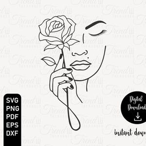 Puede incluir: Dibujo lineal en blanco y negro del rostro de una mujer sosteniendo una rosa. La imagen incluye el texto "Descarga digital" y opciones de tipo de archivo: SVG, PNG, PDF, EPS y DXF. Es una descarga digital.