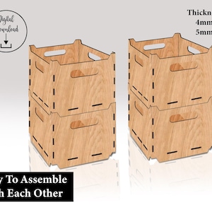 May include: Two stacks of wooden storage crates with handle cutouts. The crates are light brown with a wood grain pattern. The text "Digital Download" and "Easy To Assemble With Each Other" are visible. The thickness is 4mm and 5mm.