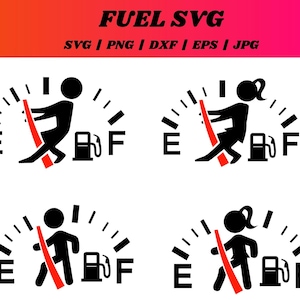 Könnte beinhalten: Schwarz-weiße SVG-Designs für Tankanzeigen mit Strichmännchen, die die Nadel der Tankanzeige auf leer drücken. Der Text "FUEL SVG" steht oben, darunter Dateitypoptionen.