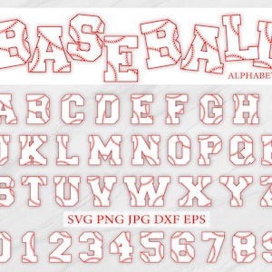 May include: A white baseball-themed alphabet set with red stitching details. The word "BASEBALL ALPHABETS" is displayed at the top. The set includes letters A-Z and numbers 0-9, perfect for sports-themed designs.