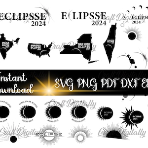 Könnte beinhalten: Schwarz-weiße digitale Designs für die Sonnenfinsternis 2024, darunter Silhouetten von Indien, den USA und New York. Die Designs zeigen auch Sonnen- und Mondgrafiken sowie den Text "Sofort-Download" und "SVG PNG PDF DXF EPS".