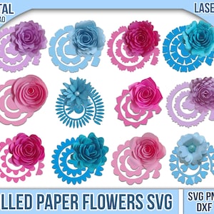 May include: A digital download image showing laser-cut rolled paper flowers in shades of pink, blue, and purple. The flowers have a spiral design. The text "ROLLED PAPER FLOWERS SVG" is displayed. The image also includes the text "LASER CUT".