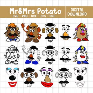 Può includere: Una grafica digitale scaricabile con vari disegni di Mr. e Mrs. Potato Head. L'immagine include illustrazioni a corpo intero e solo viso a colori e in bianco e nero. Il testo include "Mr & Mrs Potato" e "Download digitale".