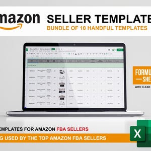 Könnte beinhalten: Ein Laptop-Bildschirm zeigt eine Tabelle mit Produktdaten. Das Bild enthält das Amazon-Logo und den Text "SELLER TEMPLATES" und "BUNDLE OF 10 HANDFUL TEMPLATES". Der Text "FORMULATED SHEETS" und "10 TEMPLATES FOR AMAZON FBA SELLERS" sind ebenfalls sichtbar. Die Tabelle ist geöffnet.