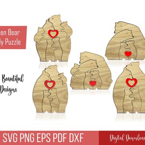 Peut inclure: Plusieurs modèles de puzzles en bois représentant des familles d'ours avec un cœur rouge. Les puzzles sont en bois clair. L'image contient également le texte "05 Beautiful Designs" et "SVG PNG EPS PDF DXF".