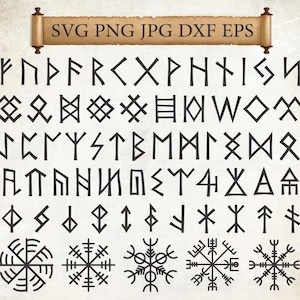Peut inclure: Ensemble de runes et symboles vikings noirs sur fond beige clair. L'image comprend divers alphabets runiques et motifs géométriques, avec le texte "SVG PNG JPG DXF EPS" en haut.