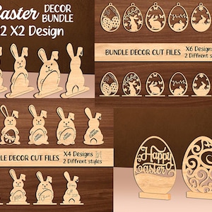 Puede incluir: Conjunto de decoración de Pascua de madera con diseños de conejitos y huevos de Pascua cortados con láser. El conjunto incluye varios estilos, algunos con patrones intrincados y texto. El texto en la imagen dice "Easter Decor Bundle" y "Happy Easter".