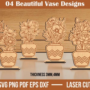 Op de afbeelding: Vier lasergesneden houten vaasontwerpen, elk met een ander bloemstuk. De vazen hebben een zigzagpatroon. De tekst bovenaan luidt "04 Beautiful Vase Designs". De tekst onderaan luidt "SVG PNG PDF EPS DXF - LASER CUT".