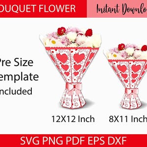 Puede incluir: Dos plantillas de ramo de papel con corazones rojos y un lazo rosa. Los ramos están llenos de flores. El texto de la imagen dice "BOUQUET FLOWER", "Instant Download", "Pre Size Template Included", y "12x12 pulgadas" y "8x11 pulgadas".
