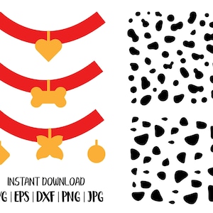 May include: Red dog collars with gold charms in heart, bone, butterfly, diamond, and ball shapes. Two patterns of black dalmatian spots are also shown. The words "INSTANT DOWNLOAD" and file type abbreviations are at the bottom.