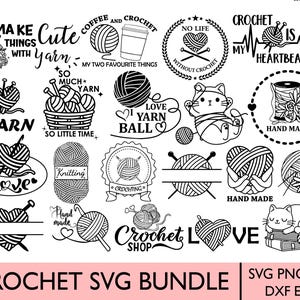 May include: A selection of black and white crochet-themed graphics. The designs feature yarn balls, needles, hearts, and text including "I make things with yarn," "Crochet is my heartbeat," and "Crochet Shop." The words "Crochet SVG Bundle" are at the bottom.