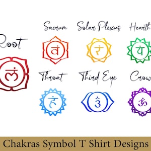 May include: A graphic featuring seven chakra symbols with their names: Root, Sacrum, Solar Plexus, Hearth, Throat, Third Eye, and Crown. Each symbol is a different color, with the text "Chakras Symbol T Shirt Designs" at the bottom.