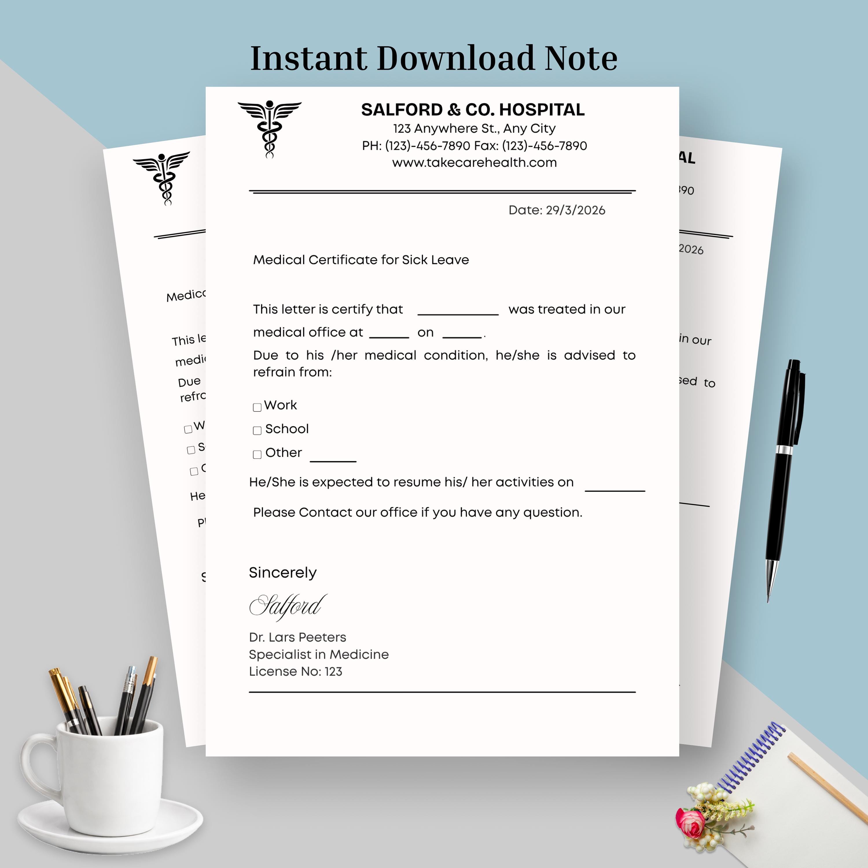 Editable Doctor Excuse Note Template, Medical Absence Letter, Work ...