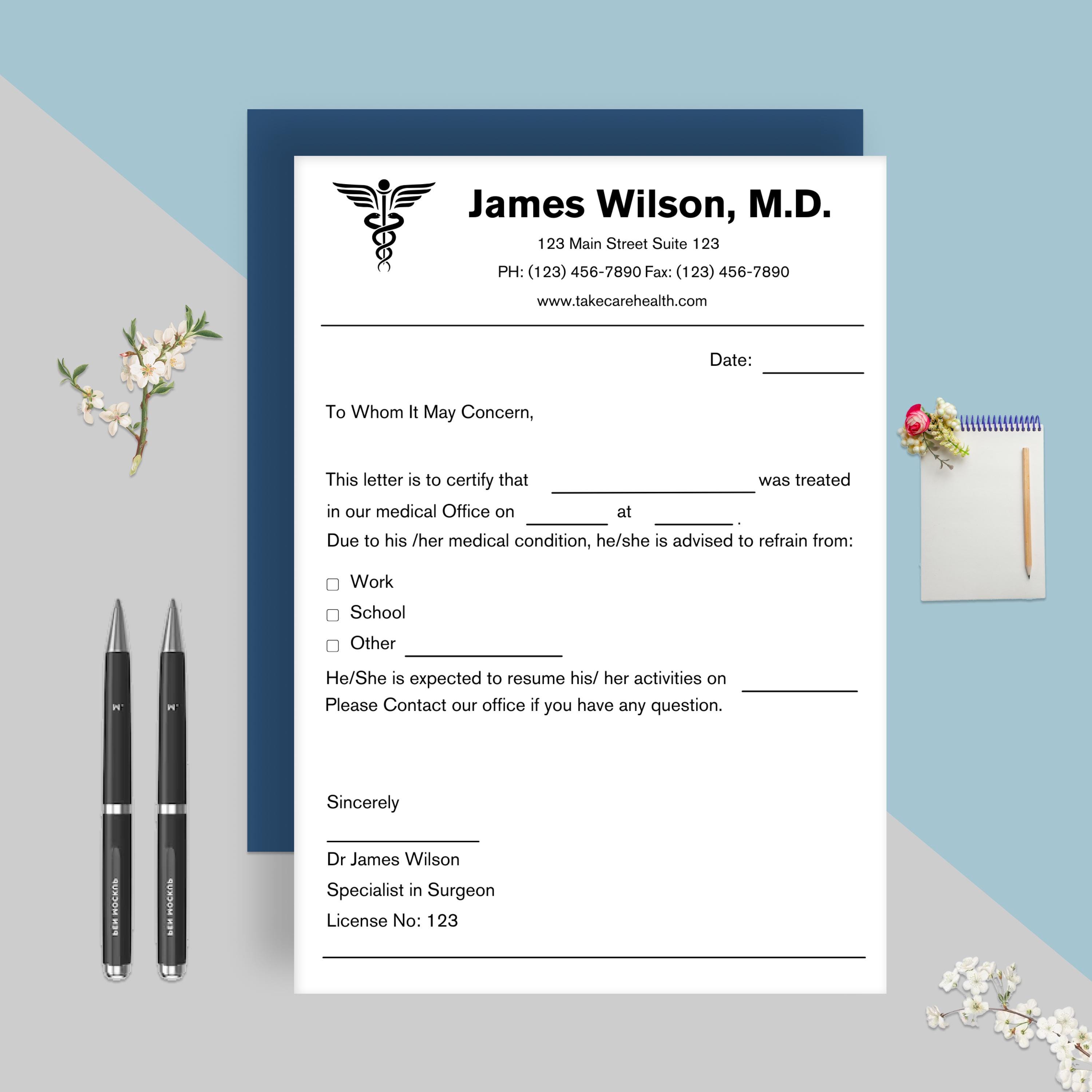 Editable Doctors Excuse Template, Doctor Note for Work School, Medical ...